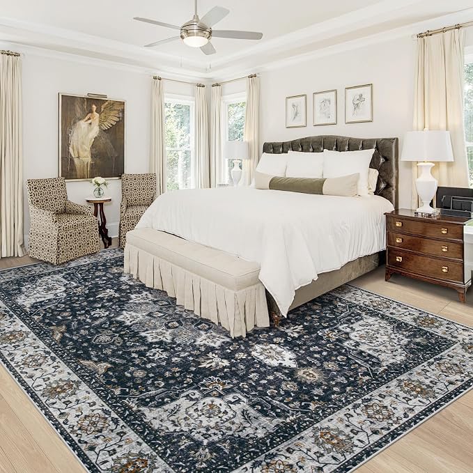 Area Rug 9x12 Washable Rug, Vintage Boho Medallion Rugs Non-Slip Soft Low Pile Large Distressed Rug Indoor Retro Carpet for Living Room Bedroom Dining Room Home Office (Vintage Black, 9'x12')