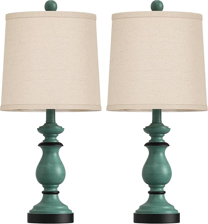 Traditional Table Lamp Set of 2, Rustic Farmhouse Table Lamps for Living Room Bedroom, 22" Bedside Desk Lamps Vintage Nightstand Lamps with Linen Shades, Green