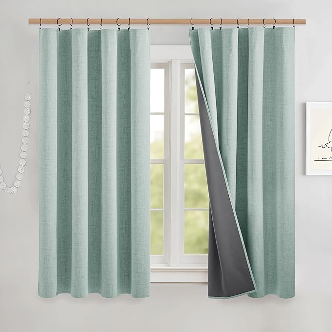 NICETOWN Seafoam Green 100% Blackout Short Curtains W52 x L48 in Set of 2 | Thermal Insulated & Noise Reducing Small Window Treatments, Rod Pocket & Back Tab Linen Blend Cafe Curtains for Kids Room