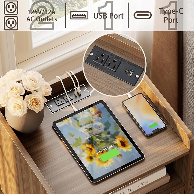 MECHYIN Night Stand Set 2, Nightstands Set of 2 with Charging Station, Rattan Side Tables with Solid Wood Legs, Boho Bedside End Table for Apartment Bedroom Dorm Small Space