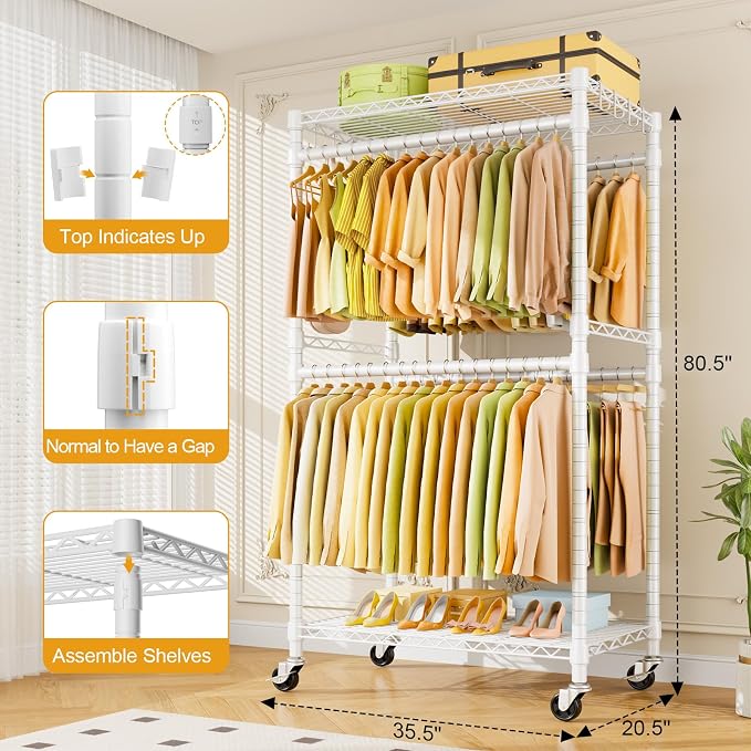 P4 Rolling Clothes Rack, Clothing Racks for Hanging Clothes, White | Heavy Duty Garment Rack with Wheels, 2-Tier Free Standing Portable Closet Racks 35.5''W × 20.5''D × 80.5''H, Max Load 560Lbs