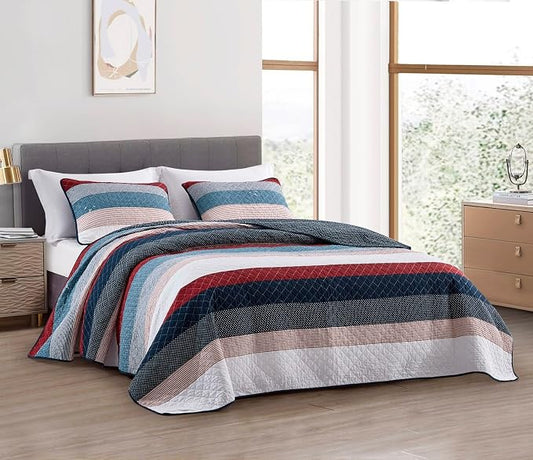 Chezmoi Collection Harlon 3-Piece Modern Patchwork Striped Quilt Set - Solid Polka Dot Candy Stripe Coverlet - Pre-Washed Cotton Lightweight Reversible Bedspread, King Size