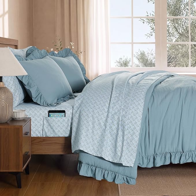 Full Size Comforter Sets-7 Pieces Ruffle Bedding Floral Sheet | Misty Blue Bed in a Bag, Soft Lightweight All Season Farmhouse Full Size Bedding Sets with Floral Sheets, Pillowcases & Shams
