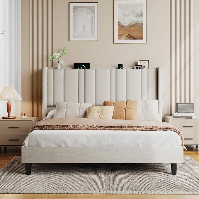 ONBRILL Queen Size Headboard with Storage, LED Light, Off White | Linen Vertical Wingback Headboard w/ Charging Station, Upholstered Head Board w/ High-Density Foam Padding, 2 Storage Pockets
