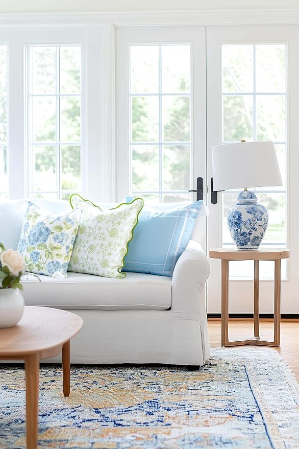 Hofdeco Premium Coastal Patio Indoor Outdoor Throw Pillow Cover Only, 20"x20" Water Repellent for Backyard, Couch, Baby Blue Embroidered Line Frame
