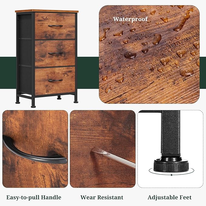 3 Drawers Dresser for Bedroom Fabric Storage Tower with Wooden Top | Steel Frame Chest of Drawers for Closet Entryway Dorm and Small Spaces, Brown