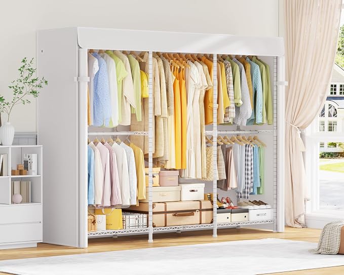 ULIFHOME E14C Pro Heavy Duty Closet Organizer System，Freestanding Clothing Racks for Hanging Clothes，Adjustable Garment Rack 69" W × 16" D × 77" H Hold 960 lbs，White Rack with White Dustproof Cover