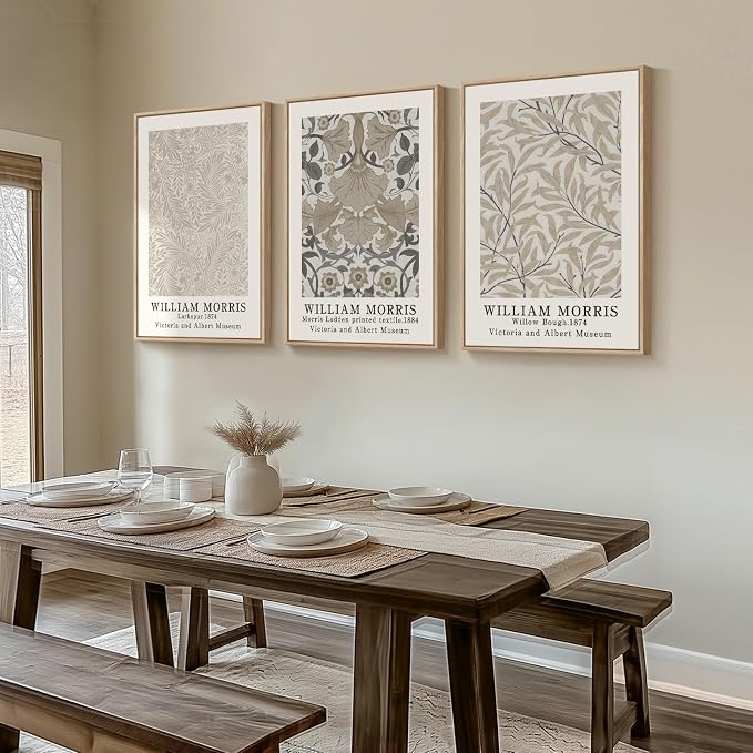 Framed William Morris Vintage Wall Art Set of 3, Large Neutral Botanical Floral Canvas Prints, Nature Rustic Boho Artwork for Living Room, Bedroom, Hallway or Office, 24x36 Inch