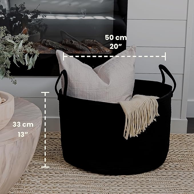 OrganiHaus Round Toy Basket & Blanket Basket, Cotton Rope 20x13" | Full Black - Round Cotton Rope Basket, 20x13"