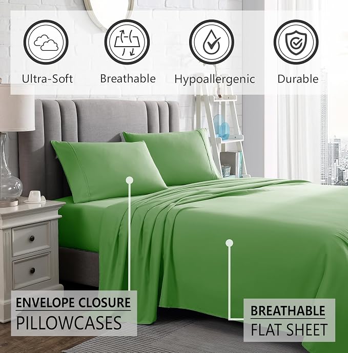 American Home Collection Twin XL Sheet Set - Ultra-Soft Microfiber 15-Inch Deep Pocket - College Dorm Bed Sheets, Wrinkle Free (Lime Green)