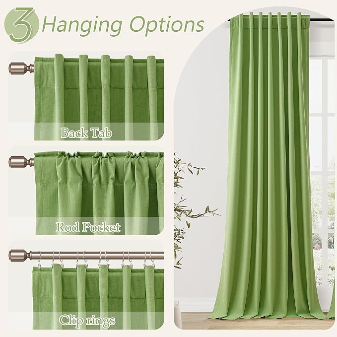 100% Blackout Curtains 96 Inch Length 2 Panels Set for Living Room Bedroom Back Tab Thermal Insulated Black Out Linen Drapes Room Darkening Lime Green,52x96