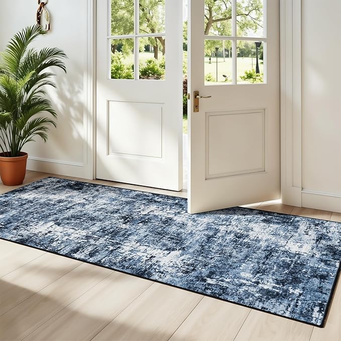 Rugflix 2x7 Runner Rug for Hallway, Washable Navy Blue Kitchen Runners | Machine Washable; Stain-Resistant; Low Pile; Non-Slip; Modern Abstract; Black Carpet for Bedroom Bathroom Laundry