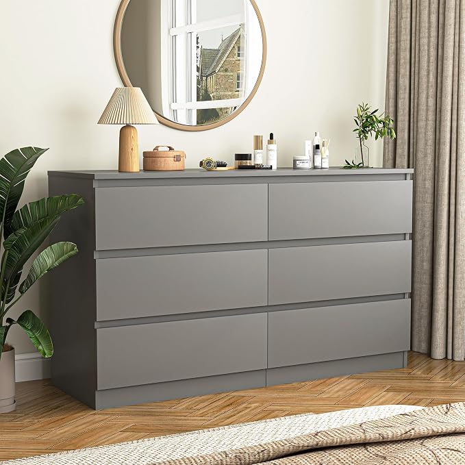Vibe & Dine 6 Drawer Double Dresser, Modern Chest of Drawers with Wide Storage for Closet, Bedroom, Living Room (Grey)