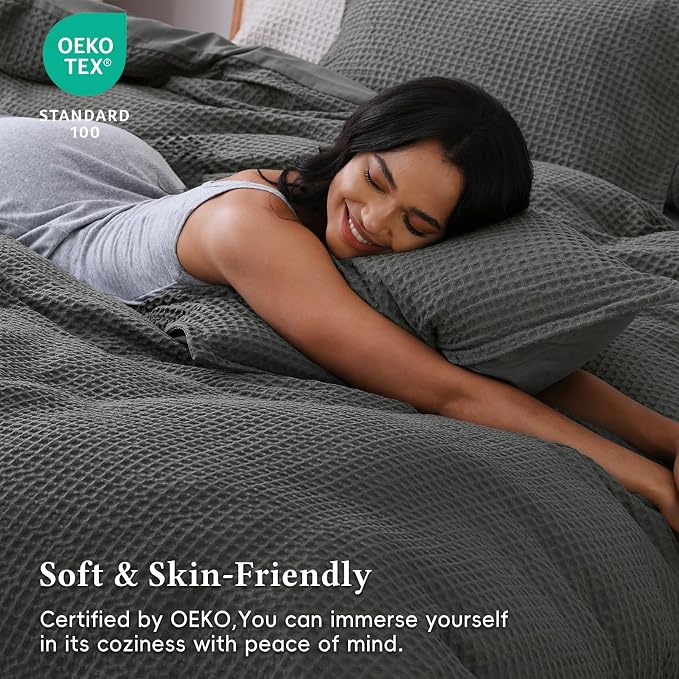 David's Home Soft Textured Waffle Weave Duvet Cover Set, Twin Size, Grey | Breathable Cozy for All Season, 300GSM, 2PCS Home Bedding Decor, OEKO-TEX Certified, Hidden Zipper, 6 Corner Ties, 68" X 90"