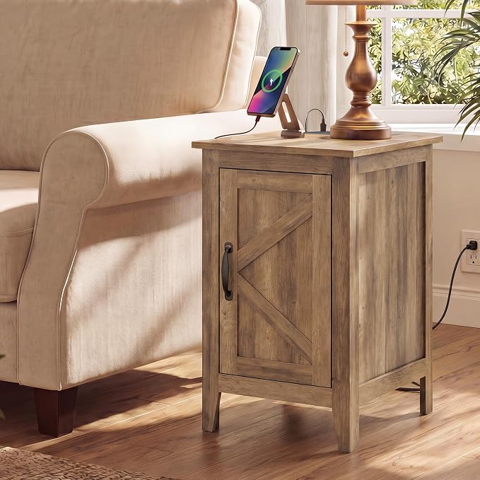 VASAGLE LIRY Collection - End Table with Charging Station, Narrow Side Table with Storage Cabinet, Nightstand for Bedroom, Home Office, Warm Brown ULET131K101S