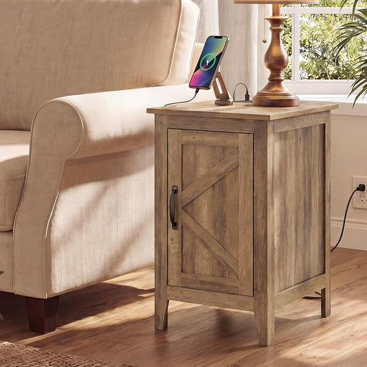 VASAGLE LIRY Collection - End Table with Charging Station, Narrow Side Table with Storage Cabinet, Nightstand for Bedroom, Home Office, Warm Brown ULET131K101S