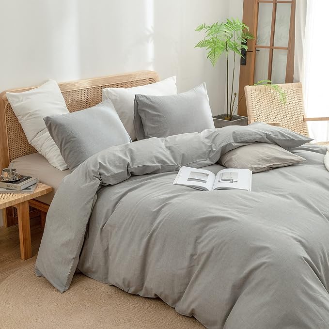 BESTOUCH Cotton Solid Duvet Cover Set Linen Feel Light Grey Queen | 100% Washed Cotton, Soft Wrinkle Texture, Hidden Zipper, 8 Ties, Breathable Lightweight Durable Comfy, 3 Pcs No Insert
