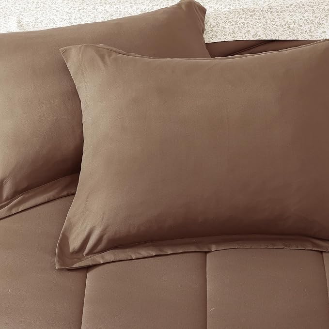 Monbix Full Size Comforter Sets - 7 Pieces Bed in a Bag Full Bedding Set | All Season Brown Lightweight Comforter Bed Set with Printed Sheets, Pillowcases & Shams