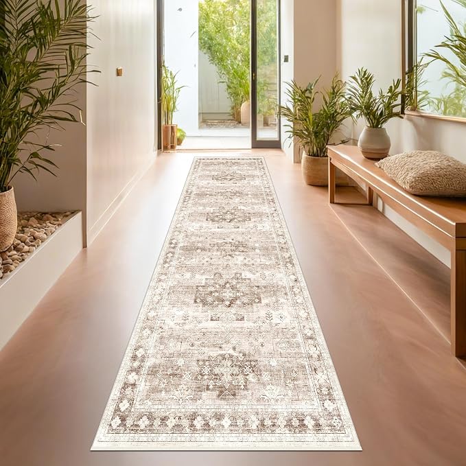 Non Slip Hallway Runner Rug - 2 x 10 Runner Rug, Washable & Waterproof Kitchen Floor Mat - Extra Long Neutral Farmhouse Boho Design Décor (2x10 Beige/Latte)