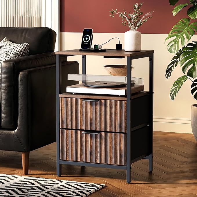 VINGLI Nightstands Set of 2 with Fabric Drawers, Walnut Nightstand with Charging Station, Night Stands Fluted Bedside Tables/End Tables with Charger Station, Side Table Bedroom, Small Night Stand