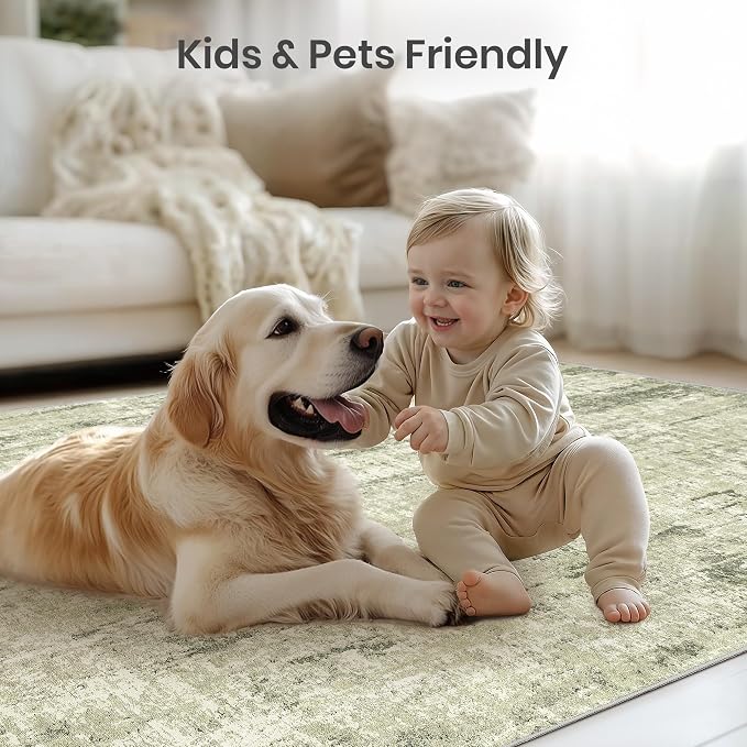 6x9 Area Rugs, Abstract Large Washable Rugs for Living Room, Green | Soft & Lighweight, Folable, Stain Resistant Low Pile Thin Indoor Distressed Carpet Rugs for Bedroom,Laundry Room,Kitchen