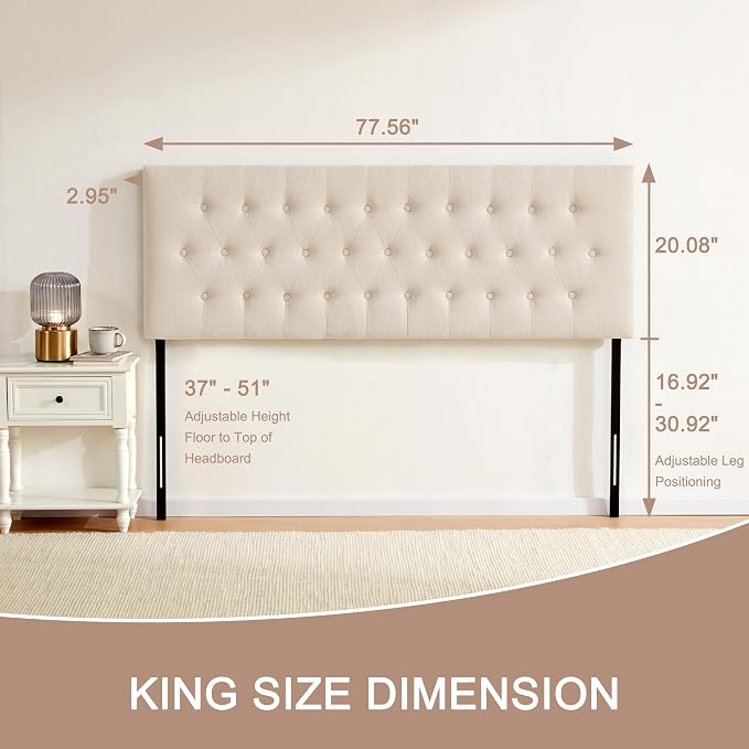 Tufted Upholstered Headboard King Size, Adjustable Height 37- 51 in, Beige | Sturdy and Durable Solid Wood Bed Headboard, Fabric King Headboard Only, Modern Button Diamond Design Head Board