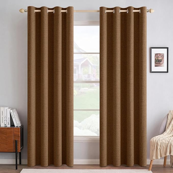 MIULEE 100% Blackout Linen Curtains for Bedroom 52x84 Inches Brown | Room Darkening, Light Blocking, Thermal Insulated, Grommet Top, Linen Textured, Fall Curtains for Living Room, 2 Panels