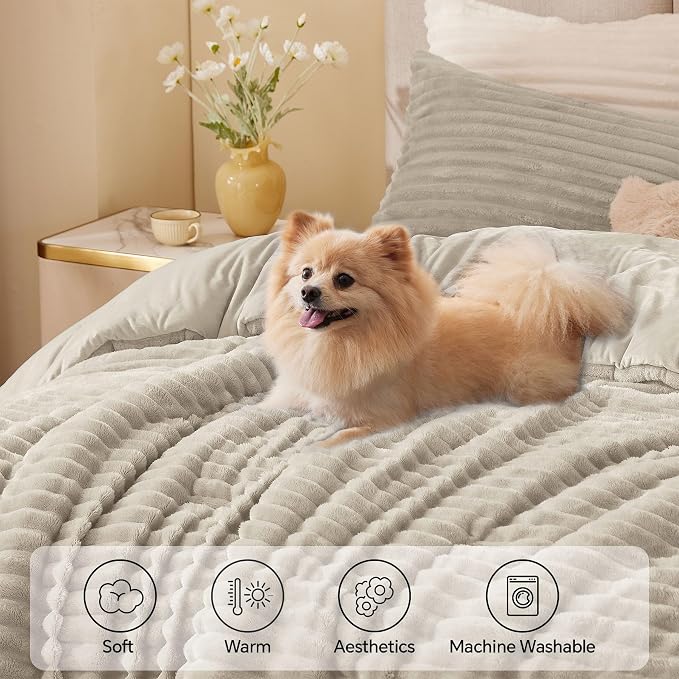 BEDELITE Fleece King Comforter Set, Fluffy Bed Set, Linen | Super Soft & Warm Bedding, Luxury Fuzzy Faux Fur Comforter for Winter, Heavy Plush Bedding, with 2 Pillowcases