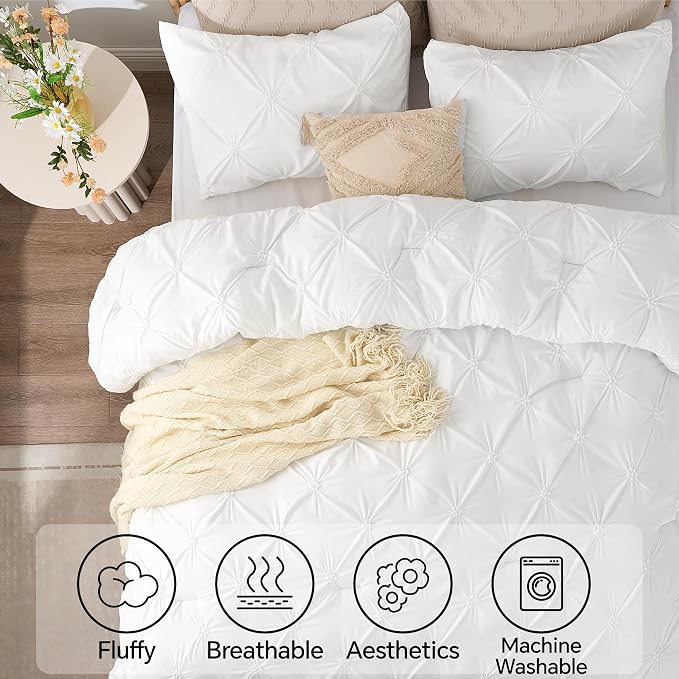 BEDELITE King Comforter Set White,Lightweight & Soft Comforter | Pintuck Boho Bedding, Warm & Cute Bed Set for All Season,With 2 Pillowcases