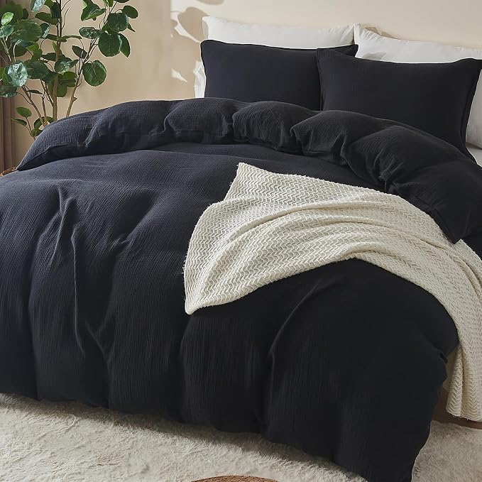 EMME Muslin Cotton Duvet Cover Set Twin Size Black Linen Like Soft Breathable Lightweight Summer Comforter Cover Set with Zipper Closure (Black, Twin, 68"x90")