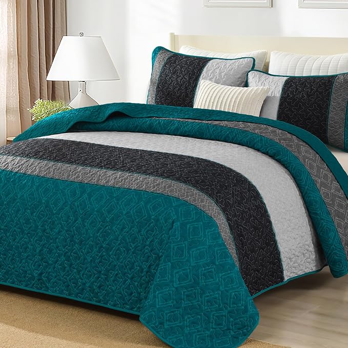 Cottolester Boho Quilt Set Queen,Striped Plaid Bedspreads Set,Peacock Blue | Lightweight Coverlets Set with 2 PillowShams,All Seasons Microfiber Quilt Bedding Sets for Bedroom Guest Room 96"x90"