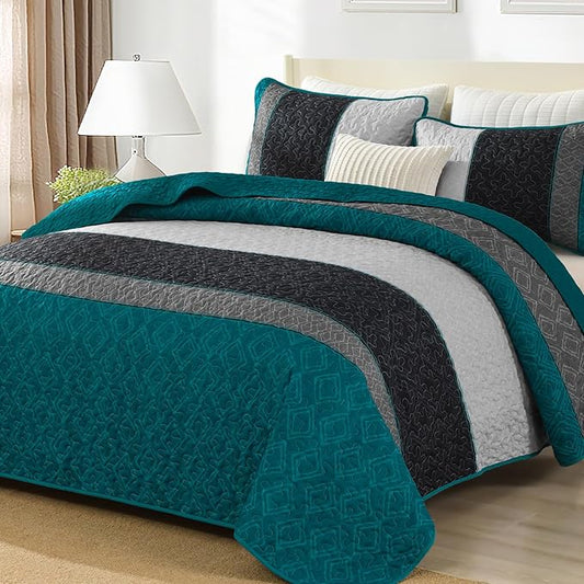 Cottolester Boho Quilt Set King,Striped Plaid Bedspreads Set,Peacock Blue | Lightweight Coverlet Set with 2 PillowShams,All Seasons Microfiber Quilt Bedding Sets for Bedroom Guest Room 110"x90"