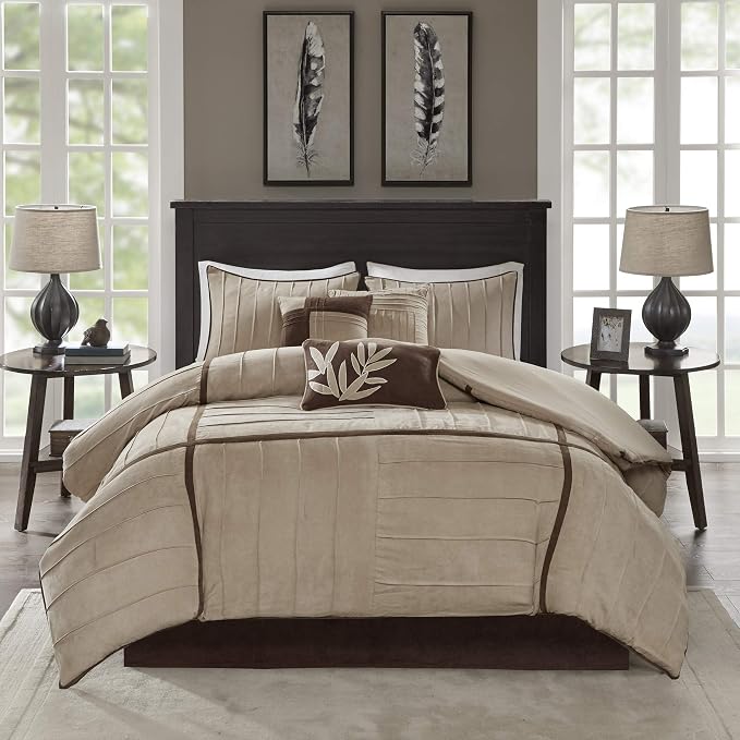 Madison Park Casual Blocks Suede Comforter Set, 7PC Cal King Bedding Set | All Season, with Comforter, Bed Skirt, Decorative Pillows, Shams, Beige Brown, Beige