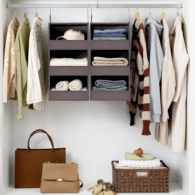 GRANNY SAYS 3-Shelf Hanging Closet Organizer, Foldable Storage, Dark Brown | 33 lb Capacity, No-Sag Support, Keeps Clothes Neat, Folds Flat, Fits RV, Dorm & Small Closets, 2 Pack