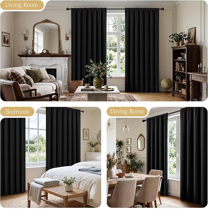 CUCRAF Black Blackout Curtains 63 inch Length 2 Panels Set, Rod Pocket Room Darkening Drapes for Bedroom Living Room, Insulated Thermal Light Blocking Window Curtain (W52 x L63 Inch)