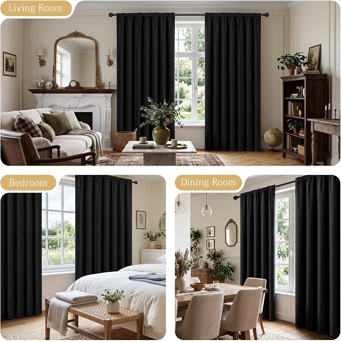 CUCRAF Black Blackout Curtains 72 inch Length 2 Panels Set, Rod Pocket Room Darkening Drapes for Bedroom Living Room, Insulated Thermal Light Blocking Window Curtain (W52 x L72 Inch)
