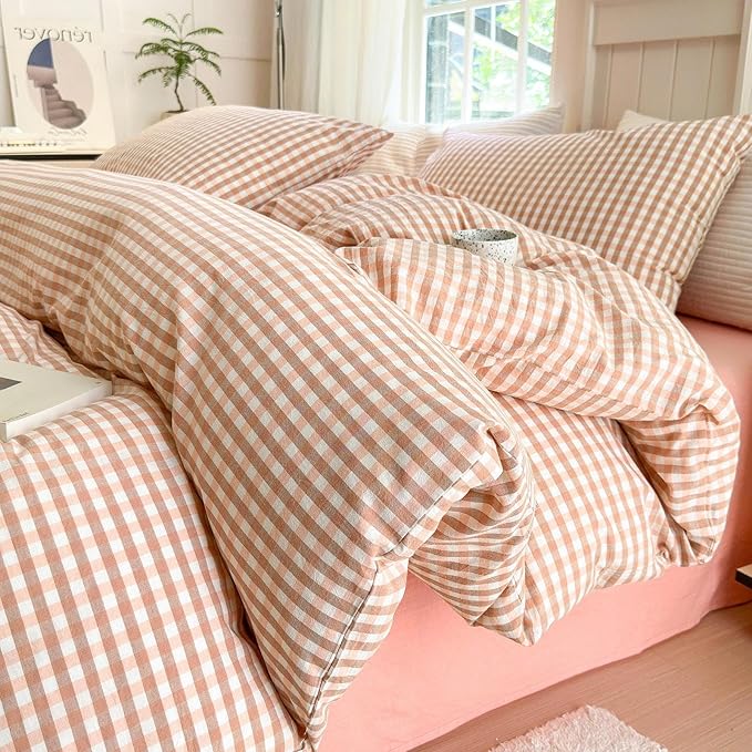 LifeTB Pink Gingham Comforter Set Full Modern Style Pink Plaid Comforter Set 3 Pieces Grid Checkered Pattern Comforter with 2 Pillowcases Fluffy Boho Farmhouse Gingham Bedding Comforter Full