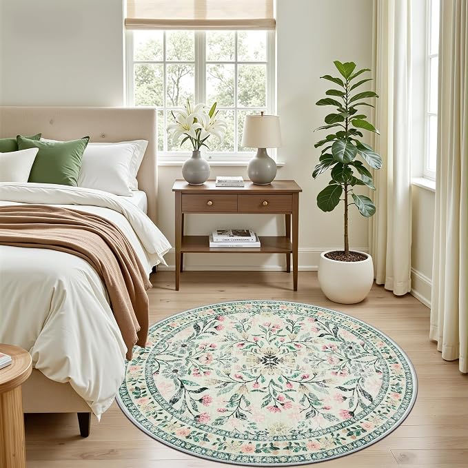PLHXFR Round Area Rug Living Room: 4 ft Floral Washable Carpet Green Beige | For Bedroom Dining Room Farmhouse Nursery Hallway,Vintage Floral,Machine washable,Non Slip,Stain Resistant,Large Indoor