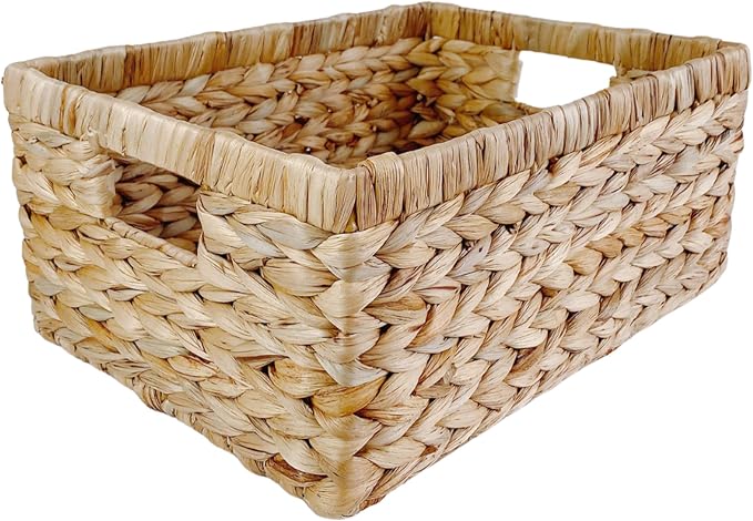 Large Handwoven Water Hyacinth Storage Wicker Basket with 2 Handles - Brown | Handcrafted Rectangular Organizer, Sturdy Iron Frame, Ideal for Towels, Blankets, Shelves & Décor - 16.5"x13"x7.50"
