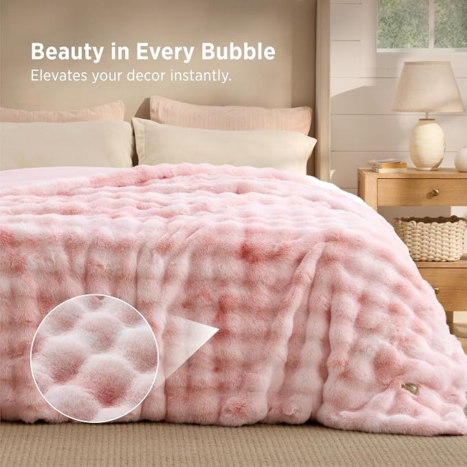 Bedsure GentleSoft Bubble Faux Fur Blankets Queen Size, Fluffy Fuzzy Queen Blanket for Bed, Soft Cozy Faux Fur Bedding for Winter, Thick Warm Plush Bed Cover, Tie-dye Pink, 90x90