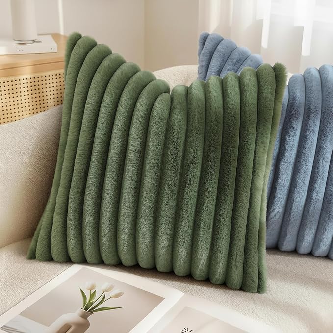 decorUhome Fall Faux Fur Throw Pillow Covers 22x22 Set of 2 Olive Green | Decorative Soft Cozy Striped Plush Modern Farmhouse Boho Couch Pillow Cases Velvet Back for Sofa Bed Living Room Home Decor