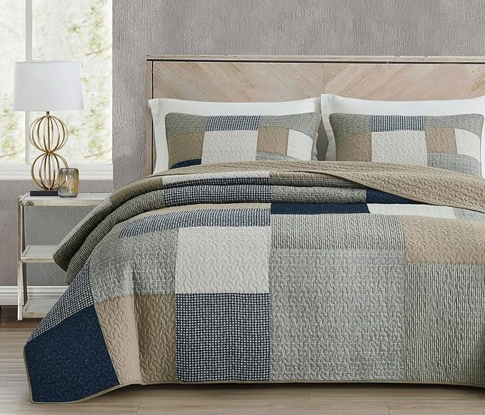 Chezmoi Collection Addy 3-Piece Navy Blue White Gray Taupe Plaid Patchwork Quilt Set - Pre-Washed Cotton Quiltd Lightweight Reversible Bedspread for All Seasons, Oversized King Size