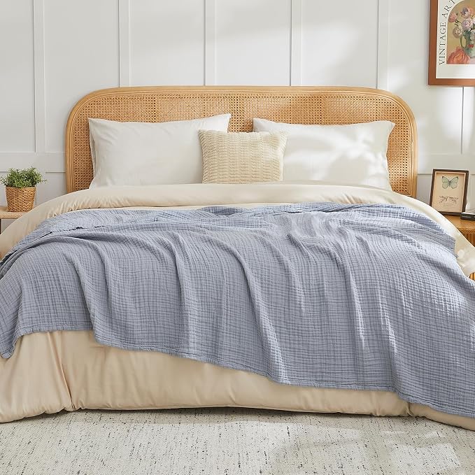 EMME Muslin Blankets for Adults Throw Blanket for Couch Breathable Gauze Soft Lightweight Airy Dusty Blue Super King 120" x 94"