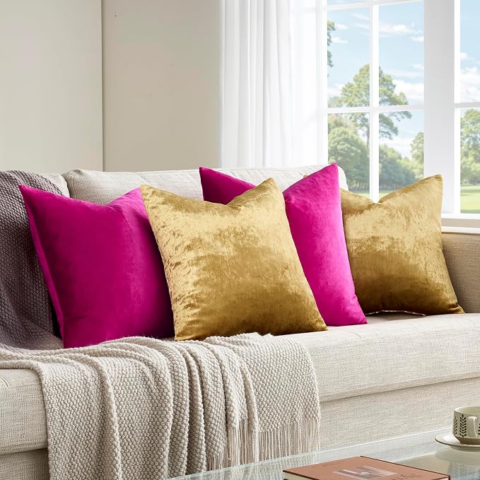 GIGIZAZA Pack of 4 Decorative Velvet Pillow Covers 18x18 Hot Pink Gold | Throw Pillows for Couch Sofa,280gsm Soft Textured Fabric,Modern Accent Pillowcases,Luxury Living Room Cushion Covers