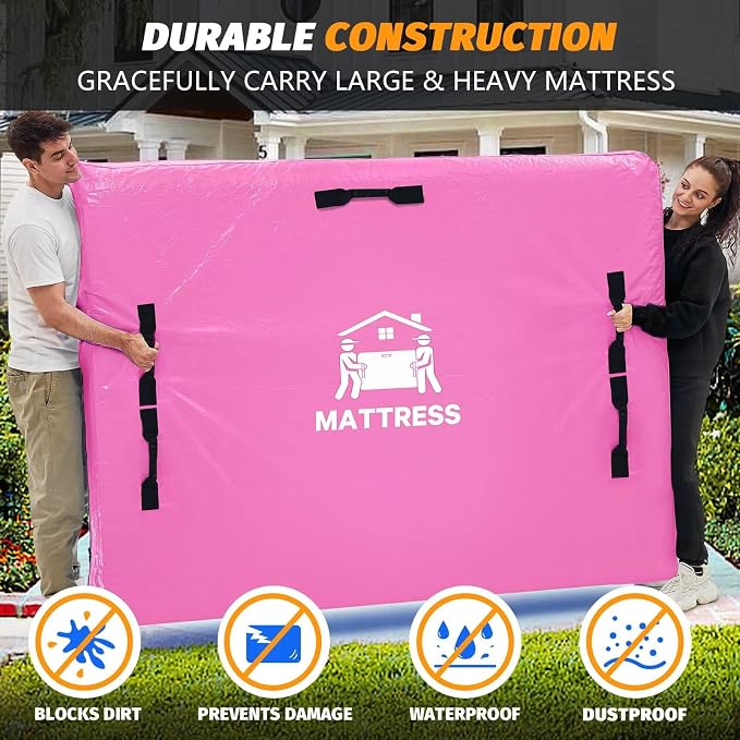 Mattress Bags for Moving, BETU Mattress Protector Waterproof Mattress Cover Full Size Storage Bags with 8 Heavy-Duty Handles and Zipper for Bed Extra Thick Large Reusable (77"x57"x15" Pink)