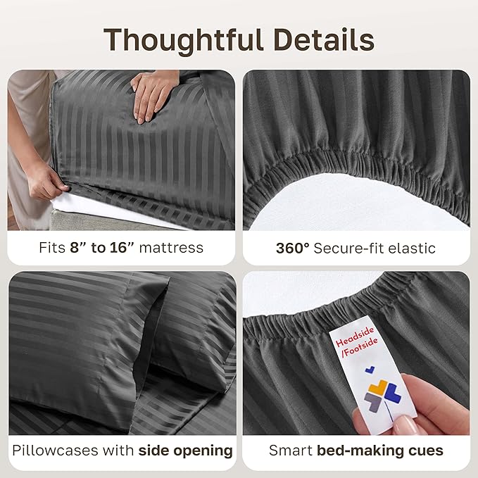 California Design Den 100% Cotton Sateen Deep Pocket King Sheet Set, 4 Pcs | Soft 500 Thread Count Backed by Good Housekeeping Seal, 16" Deep Pocket, All-Around Elastic, Easy Care - Grey Striped