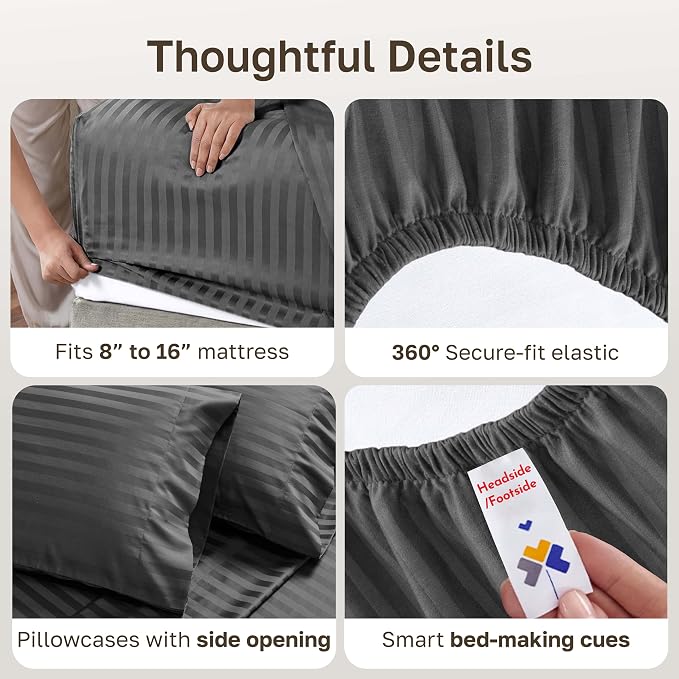 California Design Den Softest 100% Cotton Sateen Full Bed Sheets Set | Soft 500 Thread Count Backed by Good Housekeeping Seal, 16" Deep Pocket, All-Around Elastic, Easy Care - Grey Striped