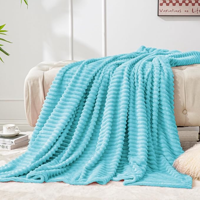 BEDELITE 3D Ribbed Light Blue Fleece Twin Blanket for Couch, 60x80 Inch | Soft Warm Fluffy Blanket for Bed Sofa College Dorm Room Decor, Luxury Cozy Plush Birthday Gifts for Women Girls, Lightweight