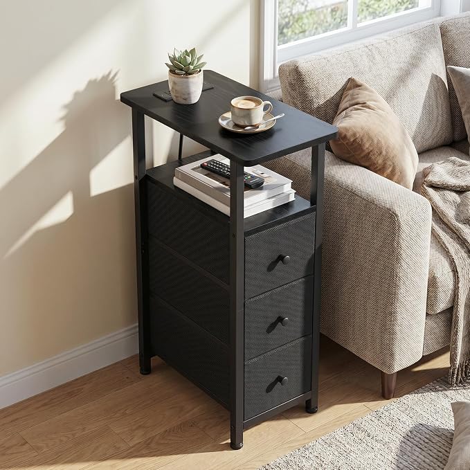 LOAKEKEL Narrow End Table with Charging Station, Small Nightstand | Skinny Side Tables Living Room with 3 Fabric Drawers, Slim Bedside Table for Bedroom, Small Spaces, Couch, Black