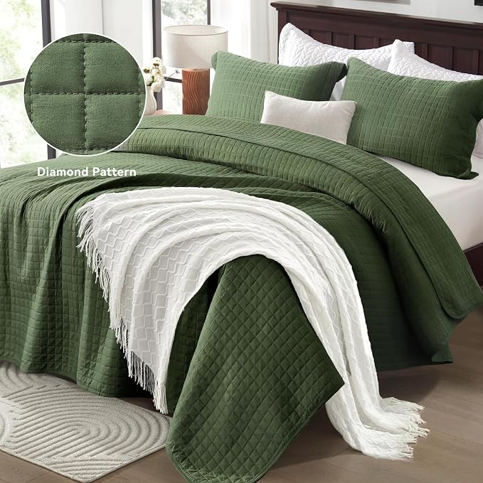 SunStyle Home Queen Quilt Set, Lightweight Summer Bedspreads Bedding,Green | Soft Coverlet With 2 Pillow Shams,Morden Style Quilts for All Season,Suitable for Bed, Couch,Bedroom,Guest Room,90"X96"